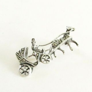 Vintage Solid Silver 835 Horse And Carriage Brooch With Marcasite Gemstones