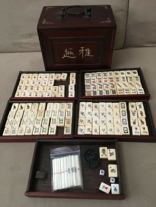 Antique Chinese Mahjong Set Wood Case 144 Bamboo /bone Dovetailed Tiles