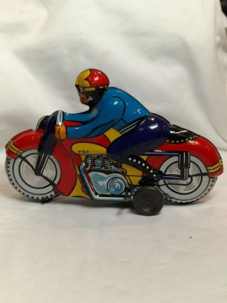 Large Vintage Tin Wind Up Motorcycle Marked F.  S.  C.  6 " Tall,  9.  5 " Long