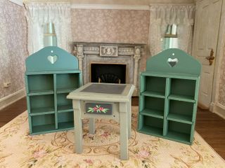 Vintage Miniature Dollhouse Artisan Crafted Green Wood Heart Curio Shelves Table