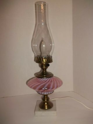 Vintage Fenton Cranberry Opalescent Swirl Glass Table Lamp Marble Base Chimney