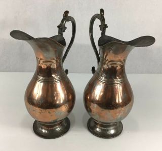 Large Antique Middle Eastern Tinned Copper Water Jugs 33cm In Height