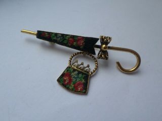 Vintage embroidery style umbrella or parasol bag brooch 2