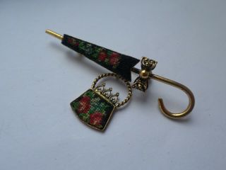 Vintage embroidery style umbrella or parasol bag brooch 3