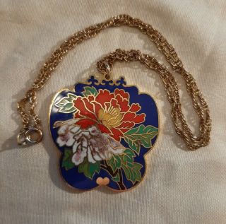 Vintage Chinese Cloisonne Large Pendant Necklace Enamel Floral Flowers Necklace