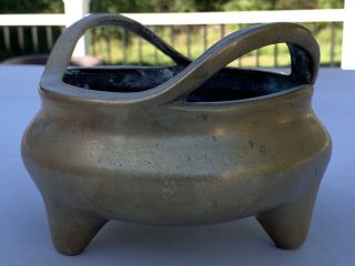 Old Chinese Bronze Handled Censer With Handles And Mark