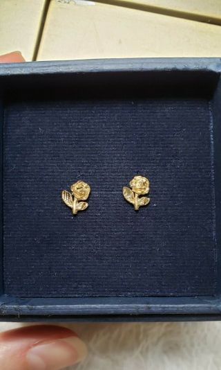 Vintage Solid Gold 14k Rose With Stem Flower Earrings Studs