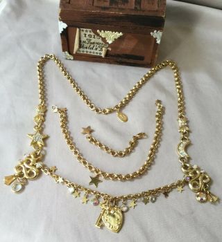 Vintage Kirks Folly Signed Charm Necklace Stars Moon Ab Crystals 2 Extra Chains