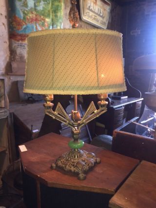 Antique Art Deco Cast Metal Boudoir Double Table Lamp With Jadeite Spacer.