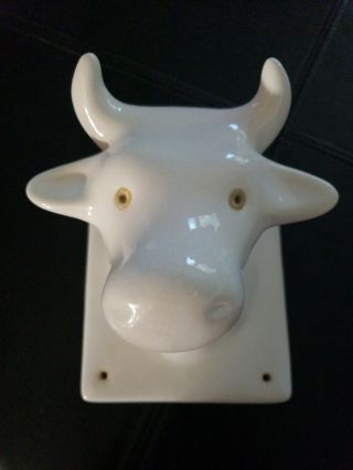 Vintage White Porcelain Cow Bull Head Wall Plaque Towel Apron Hanger Hook