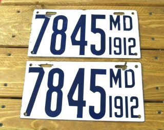 1912 (md) Maryland Porcelain License Plates Matched Pair - Nr