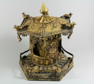 Antique 19th C.  Tibetan Gilt Copper Temple / Pagoda Prayer Wheel & Scroll 2