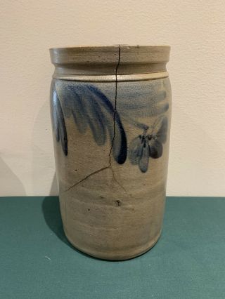 Vintage Antique Stoneware Pottery Crock W/ Blue Flowers 10.  5 "