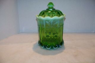 Vintage Mosser Glass Green Opalescent Large Biscuit Cookie Jar W Fruit