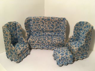 Vintage Dollhouse Miniatures 4 Pc.  Blue Sofa Set 61