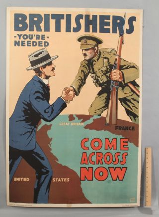 Rare 1917 Antique Wwi British & Canada Us Soldiers Recruitment Poster,  Nr