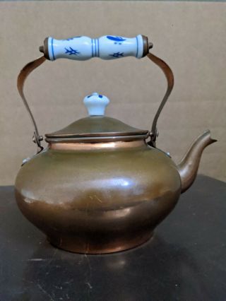 Vintage Copper Tea Kettle With Blue And White Ceramic Handles.  Average