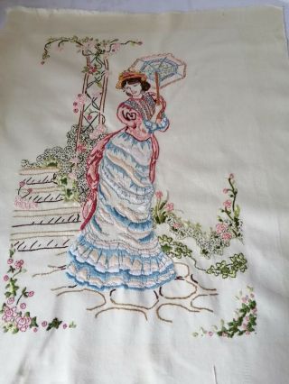 Vintage Hand Embroidered Crinoline Lady In Garden Picture Panel