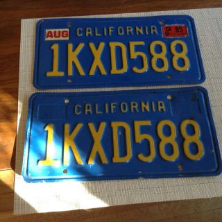 Vintage California Blue Yellow License Plate Matching Set Pair Plates