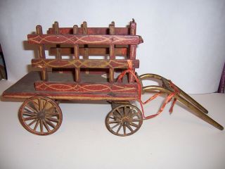 Antique Stenciled Wood Toy Beer Wagon & Metal Harness