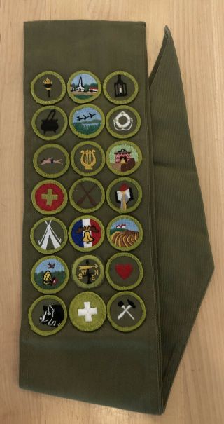 Boy Scout Eagle Merit Badge Sash,  21 Merit Badges; 1960’s Vintage