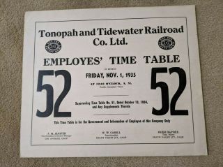 Tonopah & Tidewater Railroad 1935 52 Employee Timetable