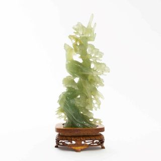 Vintage Chinese Carved Green Jade Statue Birds in Tree Sculpture 9.  5 