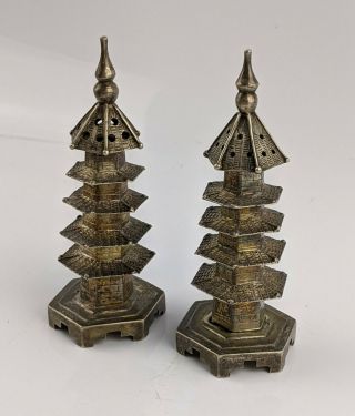 Chinese Antique Hallmarked Silver Pagoda Salt & Pepper Pots Cruet Qing Fine