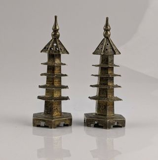 Chinese Antique hallmarked Silver Pagoda Salt & Pepper pots Cruet QING Fine 2
