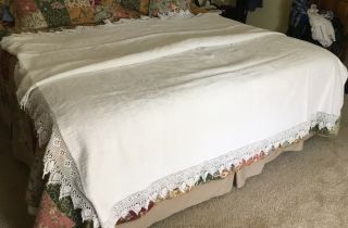 Antique Coverlet/ Bed Spread White With Crocheted Edging
