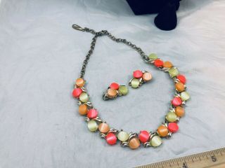 Vtg.  Coro Demi Green,  Hot Pink,  & Tan Thermoset Necklace/earrings