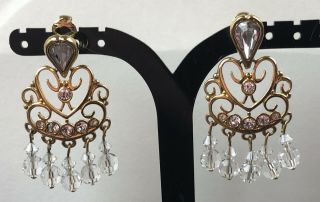 Vintage Swarovski Swan Signed Gold Tone Crystals Chandelier Clip On Earrings