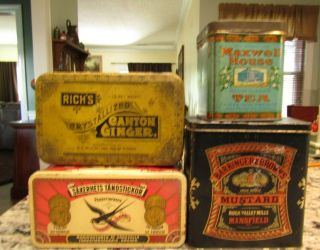 4 Vintage Antique/vintage Food Tins Maxwell House Tea,  Mustard,  Ginger,  Candy