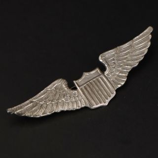 Vtg Sterling Silver - Wwii Military Shield Pilot Wings Brooch Pin - 8.  5g