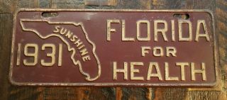 Rare 1931 Florida For Health Booster License Plate.  Sunshine State.