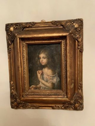 Antique Oil Painting Little Girl With An Apple In Nicest Wood Frame