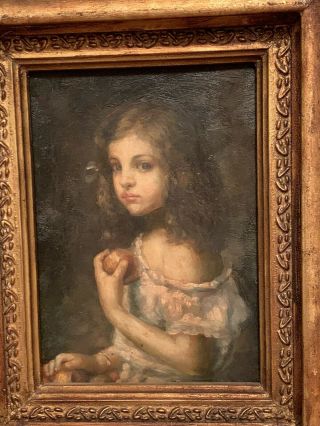Antique Oil Painting little girl with an apple In Nicest Wood Frame 2