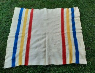 Vtg Golden Dawn Wool Red Yellow Blue Striped Camp Blanket Cream W/ Stripes 62x82