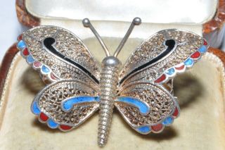Wonderful Vintage Silver Enamelled Filigree Butterfly Brooch