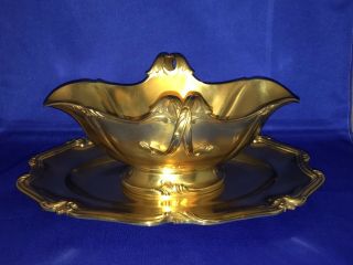Christofle Art Nouveau Gold Plated Gravy Boat Attached Underplate