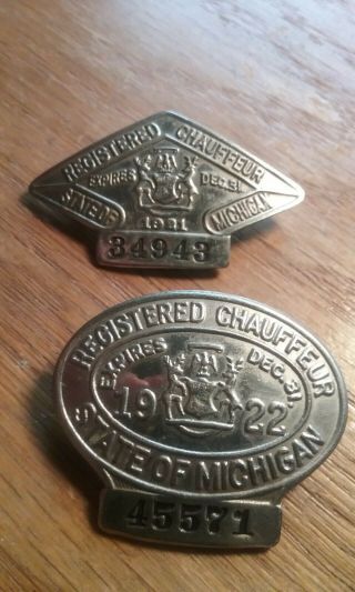 Vintage 1921 State Of Michigan Registered Chauffeur Badges And 1922