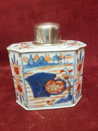 Antique Chinese Export Porcelain Tea Caddy W/ Silver Top Kang Hei Period