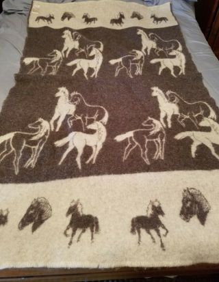 Vintage Alafoss Iceland 100 Wool Blanket/throw 38 " X68 " Brown & Neutral Horses