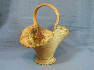 Large Antique Royal Worcester Basket Weave Raby Flowers Blush Ivory Vase C1917
