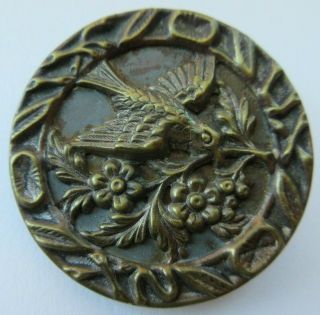 Outstanding Xl Antique Vtg Victorian Metal Picture Button W/ Bird 1 - 1/2 " (d)