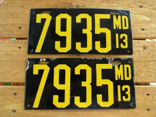 1913 (md) Maryland Porcelain License Plates Matched Pair - Nr