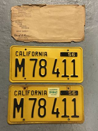 1956 1962 California License Plate Pair Dmv Clear M78 411 Very Good
