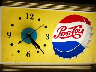 1950 Or 1960 Rare Pepsi Cola Clock Vintage Antique Yellow Light Up Sign