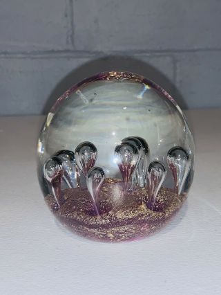 Vintage Murano Paperweight Hand Blown Glass Control Bubble Purple Gold Large 2