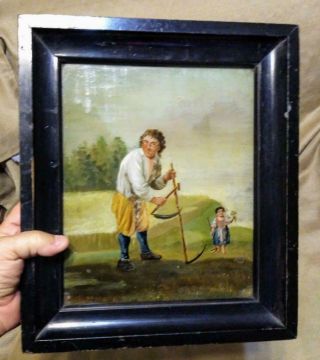 Antique Old Reverse Painting On Glass English Farmer Portrait Oil Painting Man